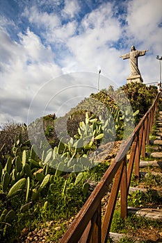 Statue of Jesus Christ at Garajau in Funchal with amazing areal view, Madeira