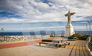 Statue of Jesus Christ at Garajau in Funchal with amazing areal view, Madeira