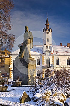 Statue of Jozef Messerschmidt in front of Municipal office on Lubietova