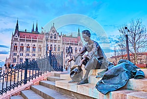 The statue of Jozsef Attila at the Parliament building of Budapest, Hungary