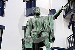 Statue of Juan Sebastian de Elcano in the port of Getaria, Basque Country