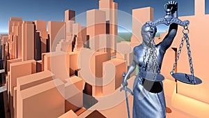 Statue of justice, Crime in city concept, Temida - Themis 3d rendering