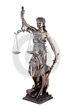 Statue of justice, Themis mythological Greek goddess, isolated