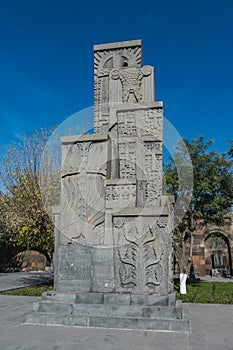 Statue of Khachkars in Etchmiadzin city, one of the oldest churches in the world. Early 4th century AD. Sunny day