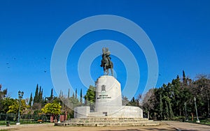 Statue of king Constantine on a horse at the central entrance of Pedio tou Areos, Athens, Greece