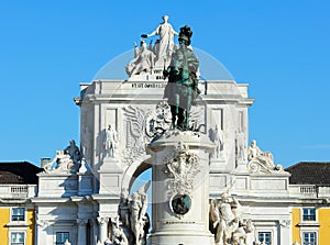 Statue of King D. Jose I and the Arch of Triumph of Rua Augusta, Lisbon, Portugal