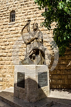 The statue of King David playing the harp in Jerusalem, Israel