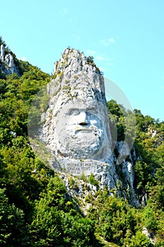 Statue of king Decebalus in Defileul DunÄƒrii Donau, Danube, also known as Clisura DunÄƒrii, a geographical region in Romania.