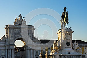 The Statue of the King Dom Jose in the Commerce Square Praca do Comercio with the Augusta Street Triumphal Arch in the backgroun