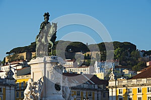 The Statue of the King Dom Jose in the Commerce Square Praca do Comercio with the Saint George Castle Castelo de Sao Jorge in