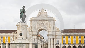 Statue of King Joseph I and the triumphal arch in commerce square in Lisbon