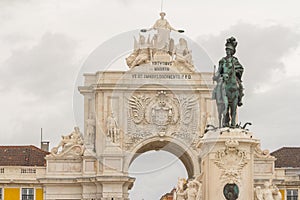 Statue of King Joseph I and the triumphal arch in commerce square in Lisbon