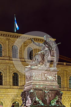 Statue of King Maximilian Joseph 1835 at night, Munich city, B