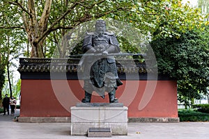 Statue of King Qian Liu outside the reconstructed King Qian Temple by West Lake