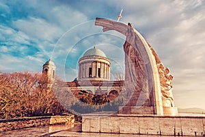 Statue of King Saint Stephen and basilica in Esztergom