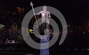 Statue of King Samuel in Sofia in the light of a night lamp