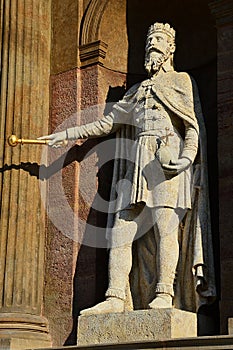 Statue of king St. Stefan on The Holy Trinity sculptural group, main square in Nova Bana, Slovakia