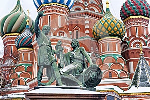 Statue of Kuzma Minin and Dmitry Pozharsky and St. Basil`s Cathe