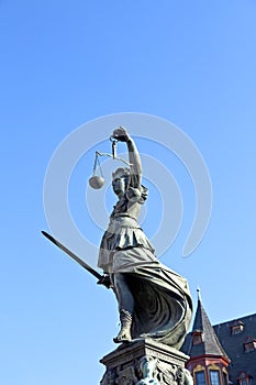 Statue of Lady Justice in front of the Romer in Frankfurt - Germ