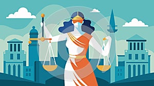 A statue of Lady Justice with her iconic blindfold and scales overlooking a citys courthouse.. Vector illustration. photo