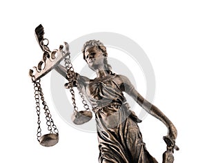 Statue of Lady Justice isolated on white, low angle view. Symbol of fair treatment under law