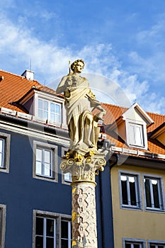 Statue of Lady Justice in the old city of Rothenburg ob der Tauber, Bayern, Germany