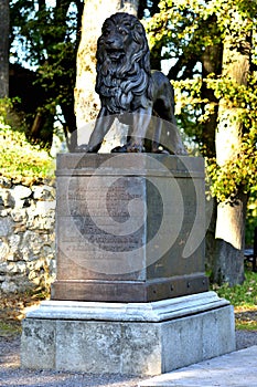 Statue of a large bronze lion on the walking circuit of the spa town of Jesenik, famous for its hydrotherapy methods by Vincenz photo