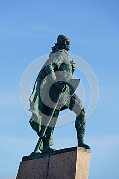 Statue of Leif Eriksson in front of church Hallgrimskirkja,Reykjavik.