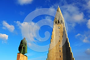 The statue of Leif Eriksson in front of Hallgrimskirkja church.