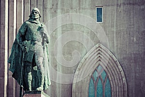 Statue of Leifur Eiriksson in front of the Hallgrimskirkja cathedral in Reykjavik, Iceland