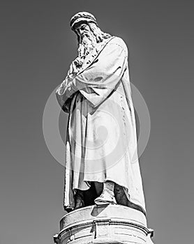 Statue of Leonardo da Vinci sculpted by Pietro Magni in Piazza della Scala, Milan, Lombardy, Italy