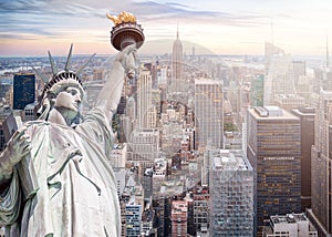 The Statue of Liberty with aerial view of Manhattan skyline background