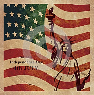 Statue of Liberty against the background of national flag of the USA on old paper in style grunge.