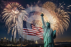 Statue Of Liberty And American Flag Gracefully Accompany The Grandeur Of Fireworks In The Night Sky