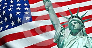 Statue of Liberty of American USA with waving flag in background, united states of america, stars and stripes