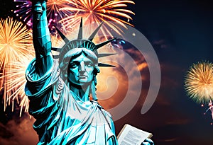 Statue of Liberty on the background of a firework. Generative AI