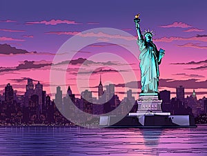 Statue of Liberty on the background of Manhattan in New York in United States at sunset