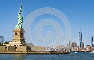 The statue of Liberty with blue sky background.