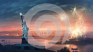 The Statue of Liberty with blurred background of cityscape with beautiful fireworks at night, Manhattan, New York City, USA.