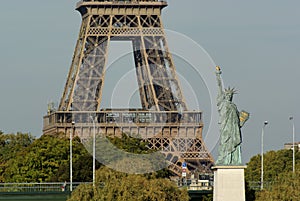 Statue of Liberty and Eiffel tower in Paris France