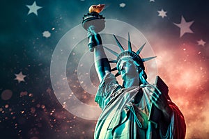 Statue of Liberty on firework background with fragments of blended American flag stars. 4th of July independence day greeting card