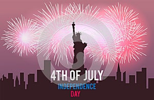 Statue of liberty and fireworks on night city landscape. 4th of july. Independence Day of America. Vector illustration.