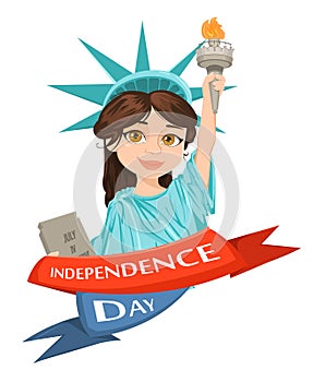 Statue of Liberty. July 4th. Independence Day. Cute cartoon stylized character, greeting card.