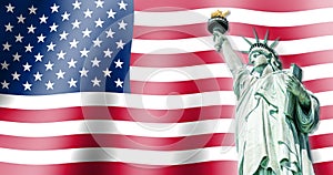 The Statue of Liberty, Landmarks of New York City with Flag of the United States background