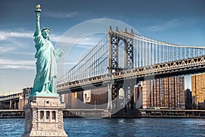 The Statue of Liberty, Landmarks of New York City with Manhattan bridge