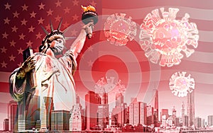 The Statue of Liberty with mask and coronavirus or covid-19 outbreak