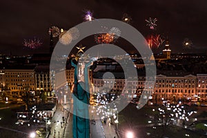 Statue of Liberty Milda in Riga city at night in  Latvia