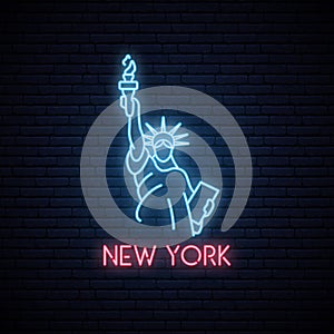 Statue of liberty neon icon. Neon emblem of New York, bright banner.