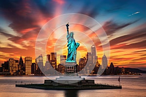 Statue of Liberty and New York City Manhattan skyline at sunset, USA, Statue Liberty and New York city skyline at sunset, AI