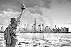 Statue Liberty and New York city skyline black and white